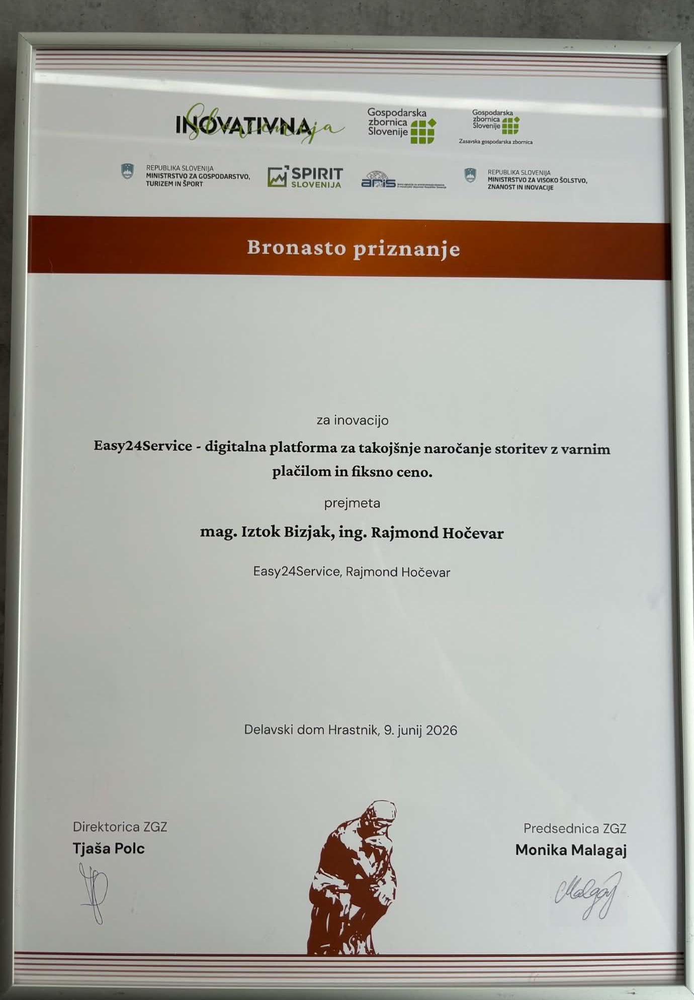 Bronasto priznanje za inovacijo Easy24Service