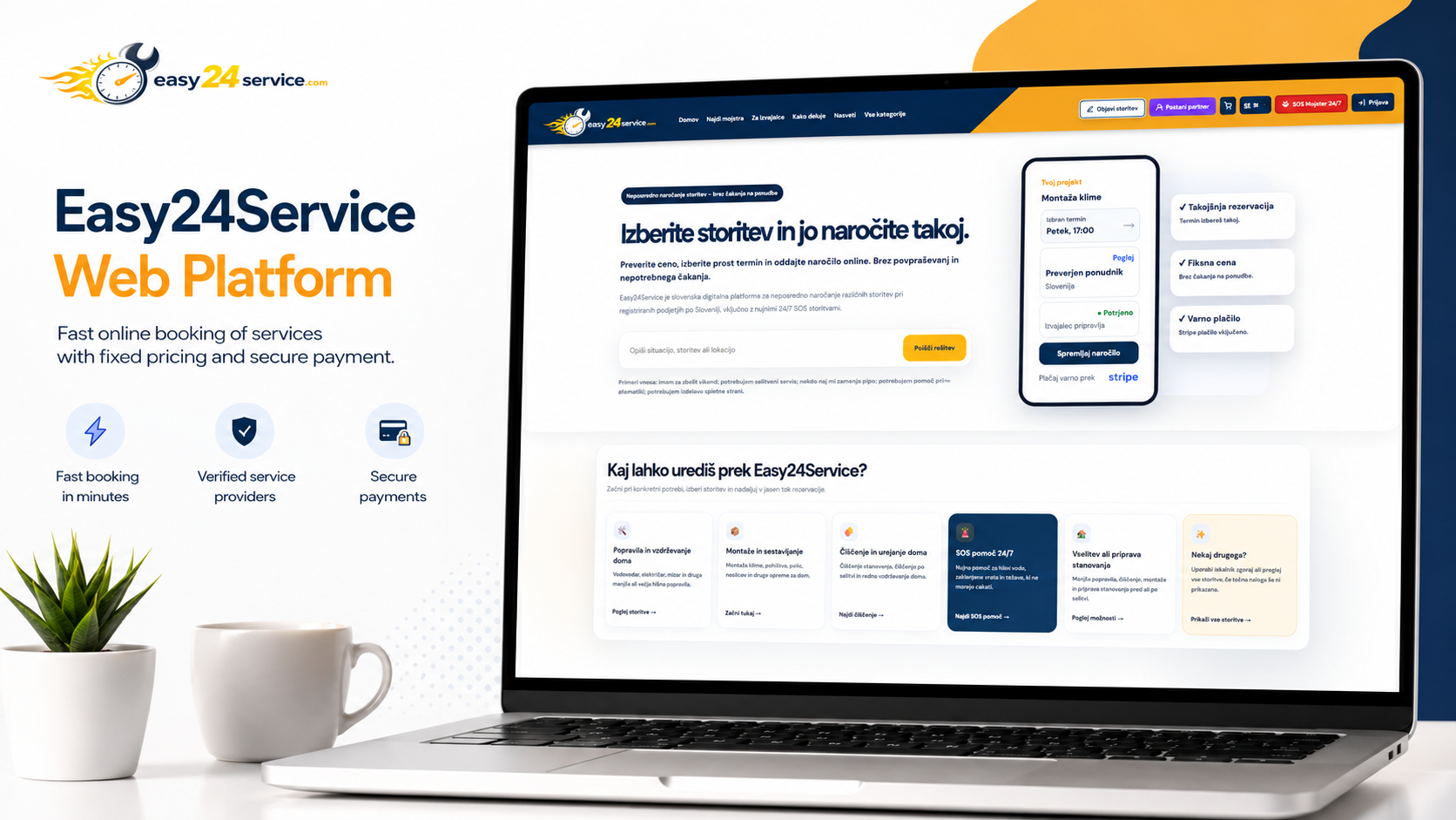 Easy24Service web platform homepage showing instant service booking, fixed prices and secure payments